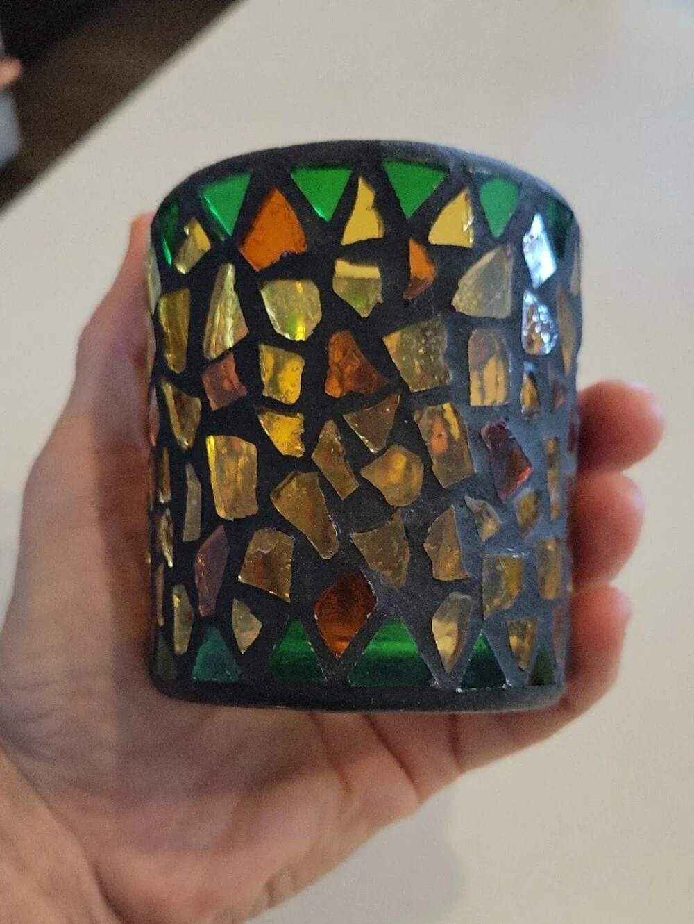 Pier 1 Mosaic Glass Tealight Holder - Green & Amber